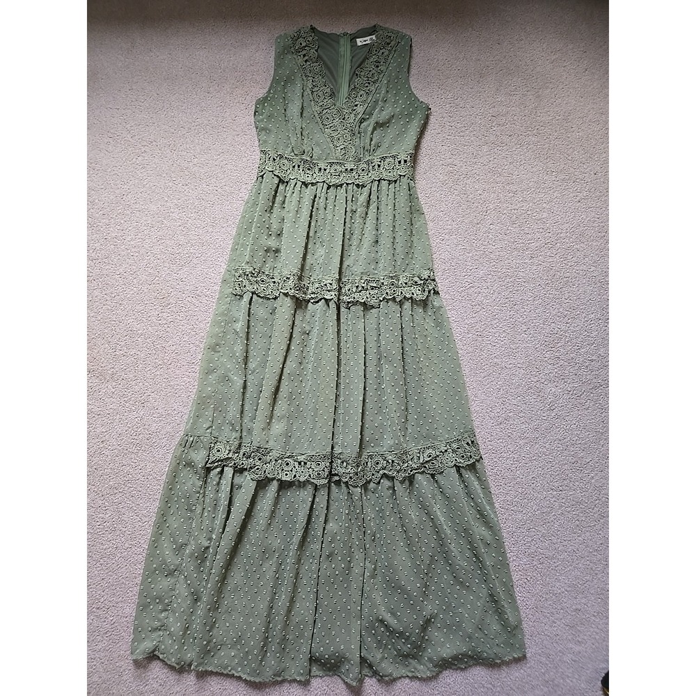 WATER LILY Lace Trim Olive Green Maxi Dress Size Medium M Tiered - Picture 7 of 16